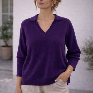 Neiman Marcus Cashmere Collared V Neck Sweater Purple 100% Cashmere Luxury Knit